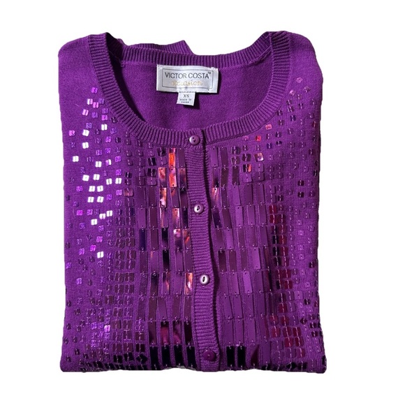 Victor Costa Purple Sequin Sweatshirt Cardigan Party Holiday - Picture 2 of 12